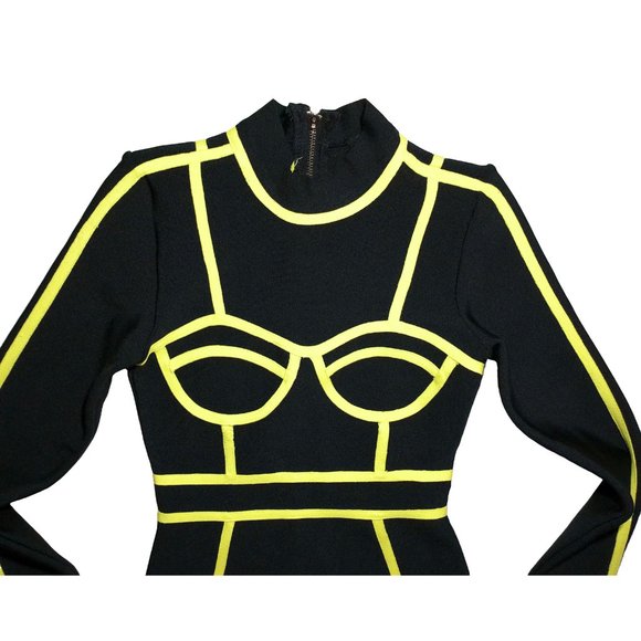 Athina Black & Yellow Outlined Bandage Long-Sleeve Rayon Dress Size Small - Picture 2 of 12